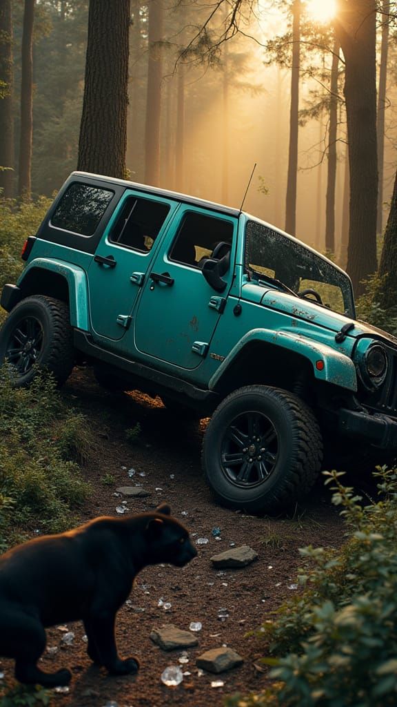 Majestic Jaguar Approaches Mangled Turquoise SUV in Dark For...