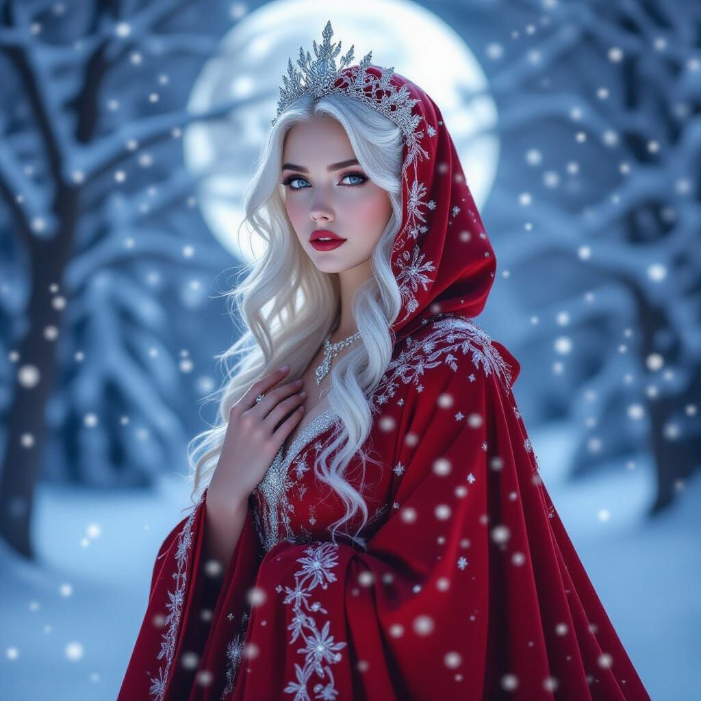 Ethereal Ice Goddess in Crimson Robe Amidst Winter Wonderlan...
