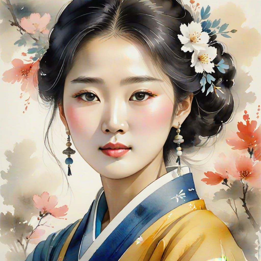 Elegant Korean Princess Portrait in Ink Wash Style