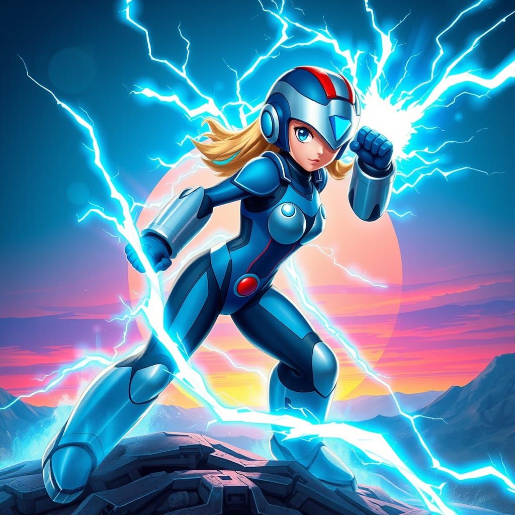 Cyberpunk Heroine Radiates Electric Blue Energy in Futuristi...