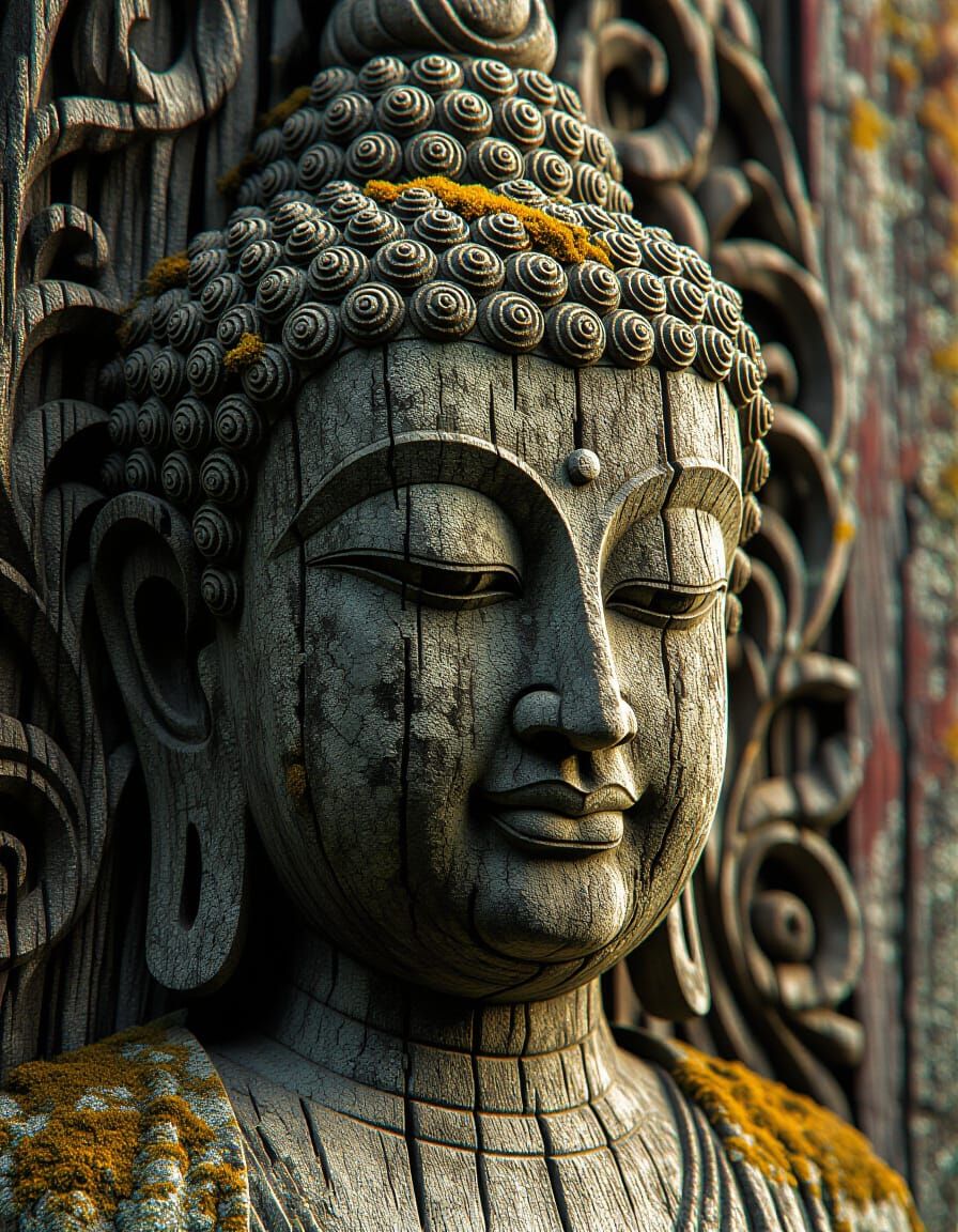 Weathered Buddha Face Carving in Gothic Style