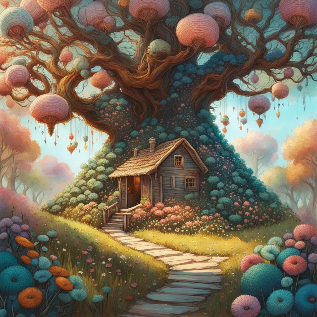 Detailed Crochet Tree and Knitted Flowers Digital Art