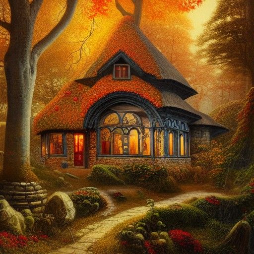 Autumn Forest Cottage: Hyperrealistic Painting