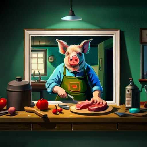 Butcher Pig in Apron: A Surreal Oil Painting