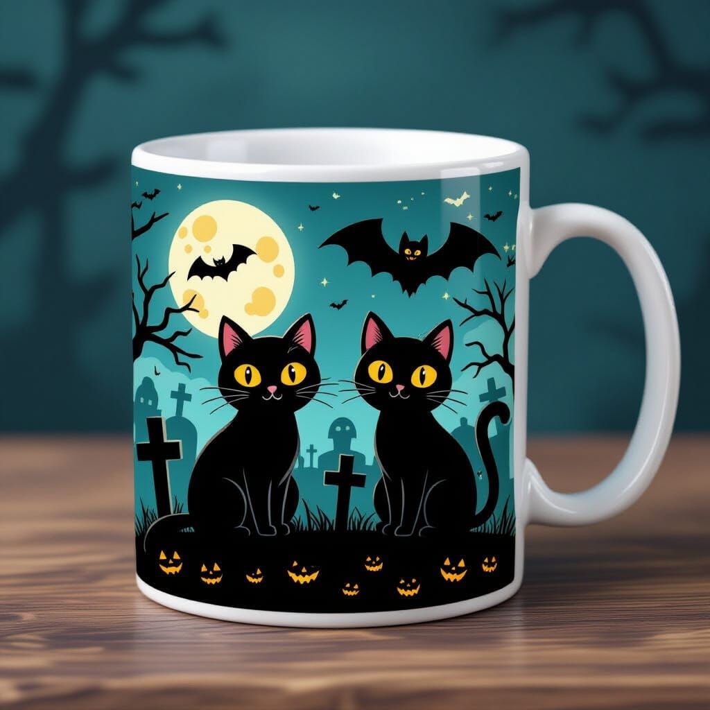 Cute Halloween Mug with Cat, Bat, and Cemetery Scene