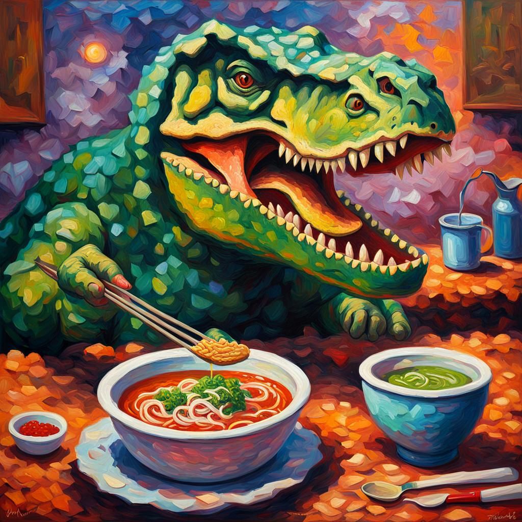 Dinosaur Delights: Pho in Expressionist Oil