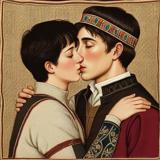 Medieval Kiss in Bayeux Tapestry Style