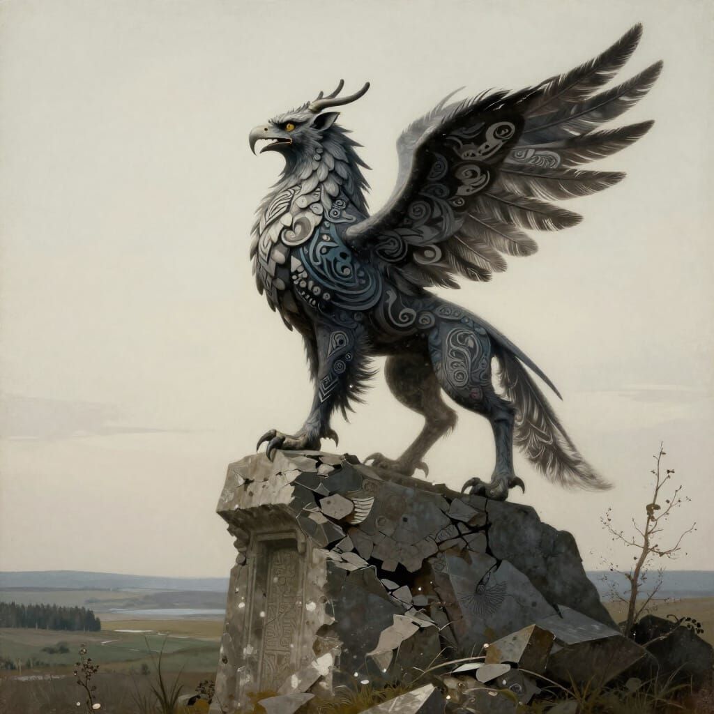 Griffin on War Monument in Serene Landscape