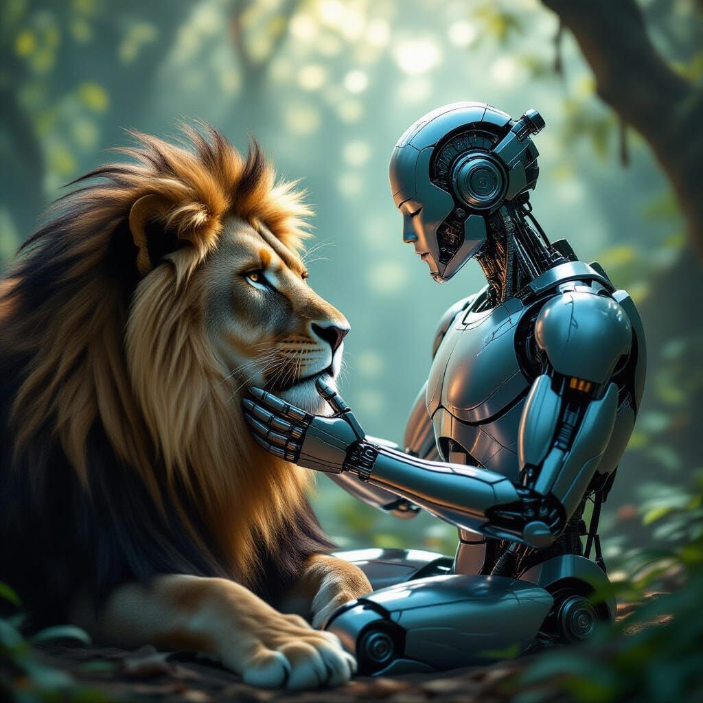 Cyborg and Lion's Friendship in Ethereal Light