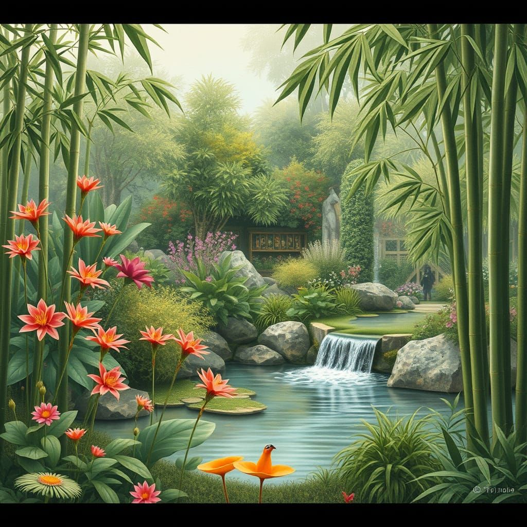 Botanical Garden Paradise with Waterfall and Bamboo