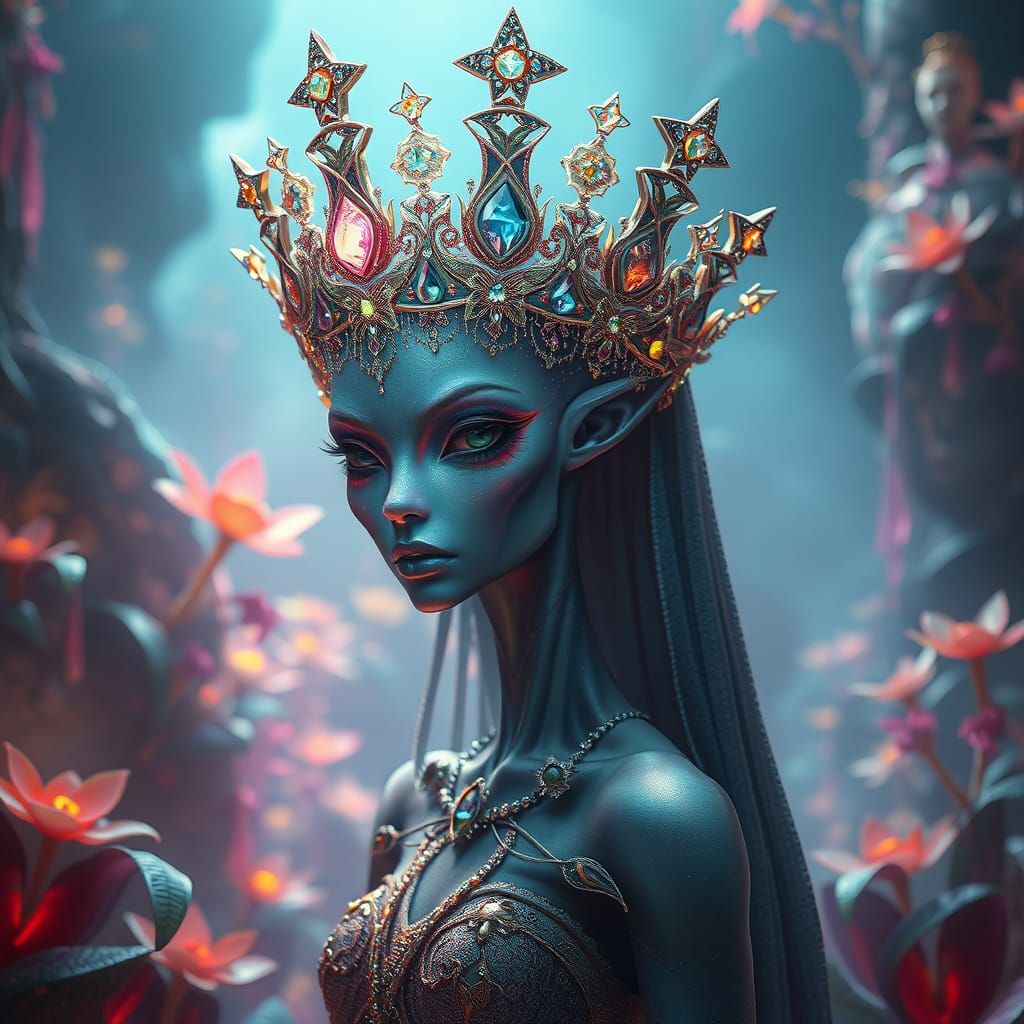 Ethereal Alien Queen Reigns with Stellar Crown