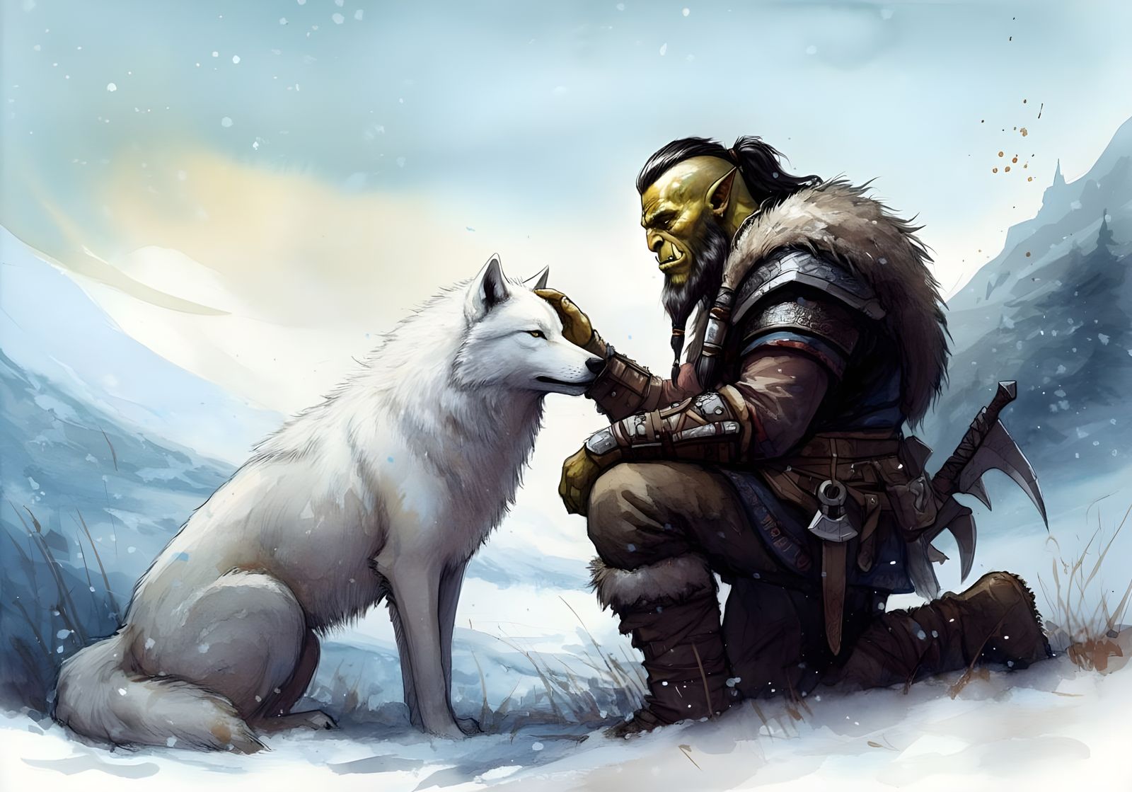 Viking Orc Tamer Bonds with Fierce White Wolf