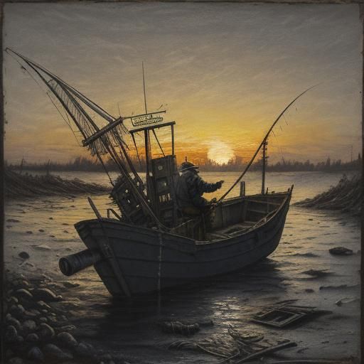 Post-Apocalyptic Fisherman at Sunrise: Charcoal Drawing