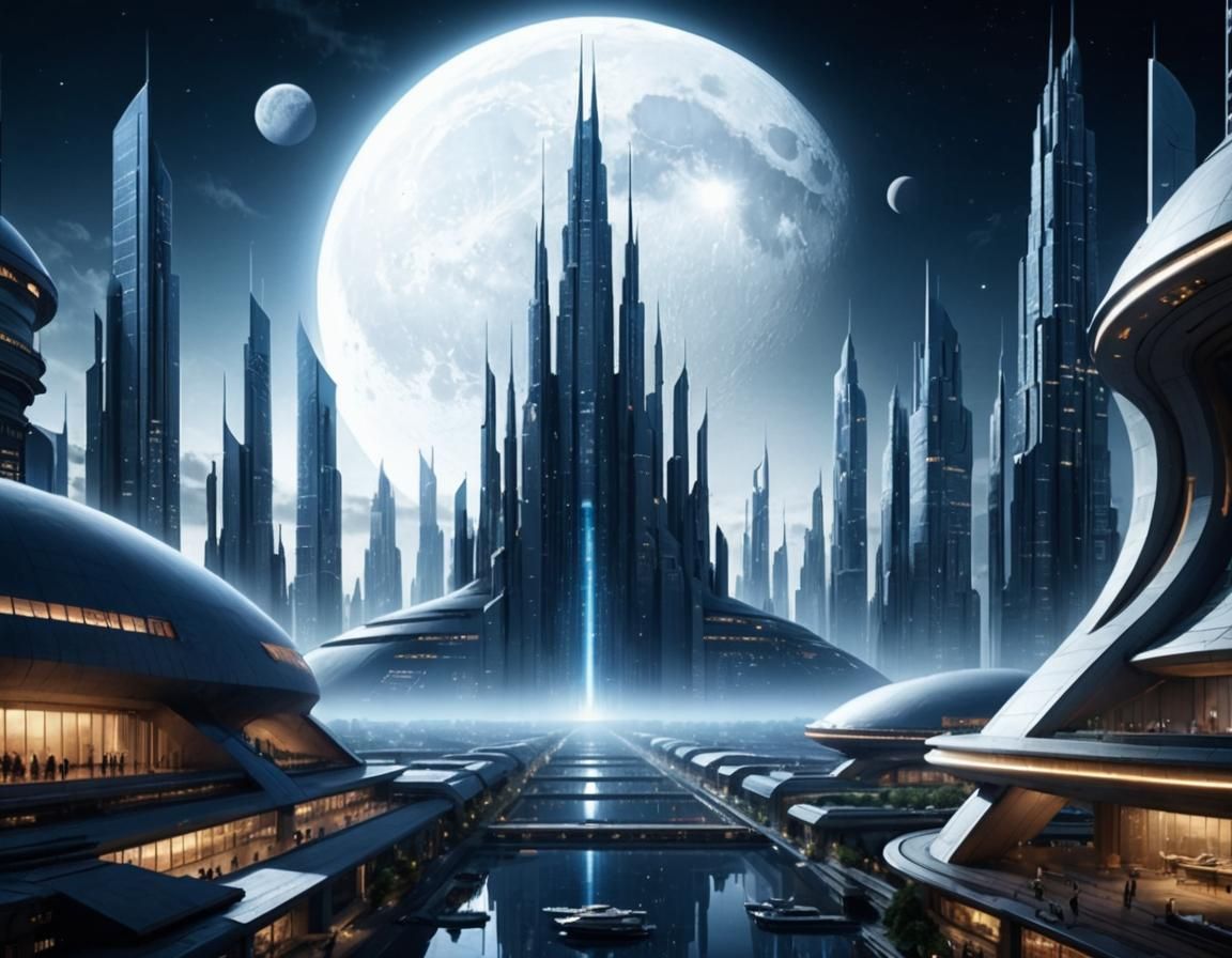 Futuristic Cityscape Bathed in Moonlight