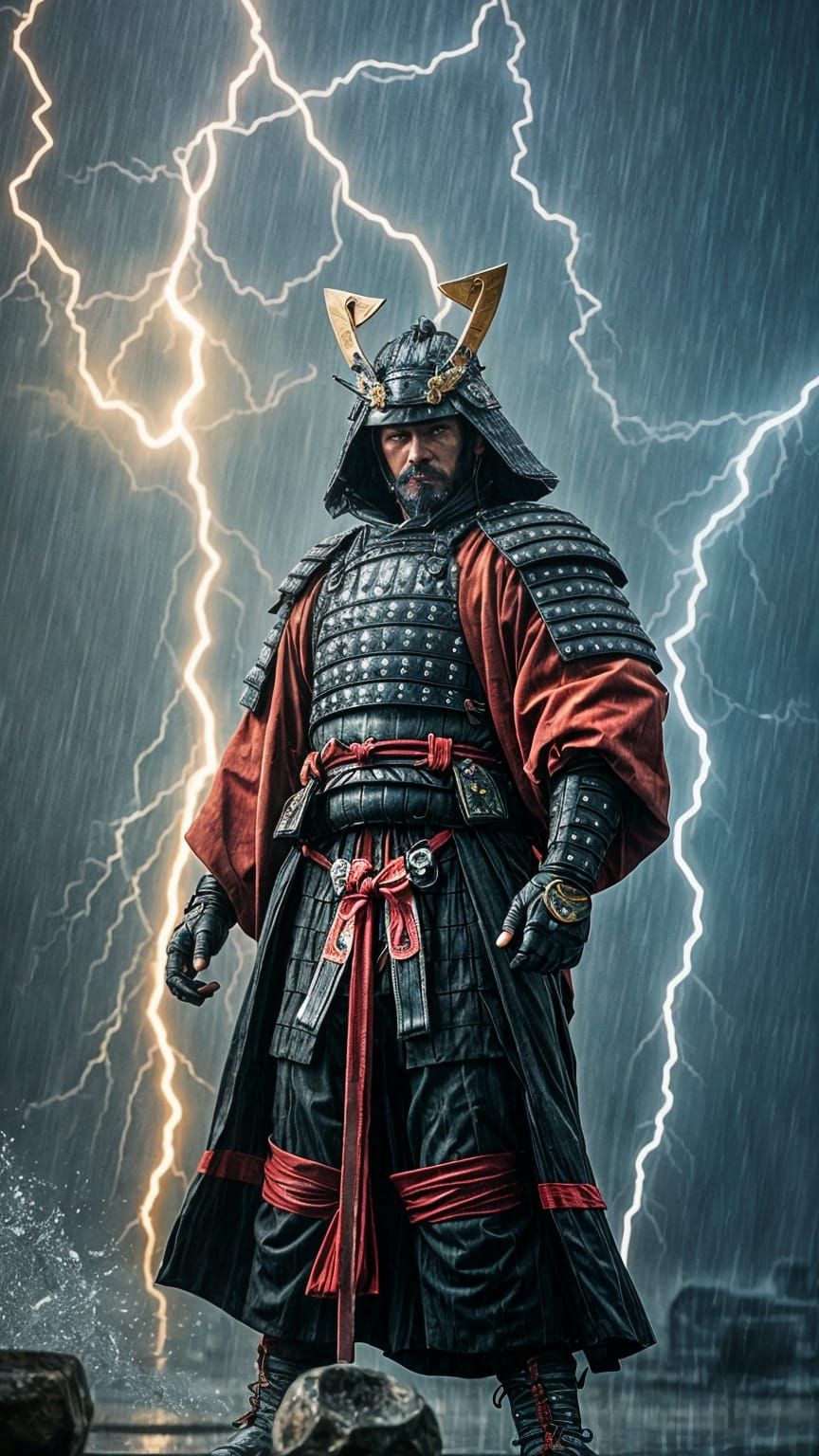 Samurai in Thunderstorm: A Warrior's Resolve