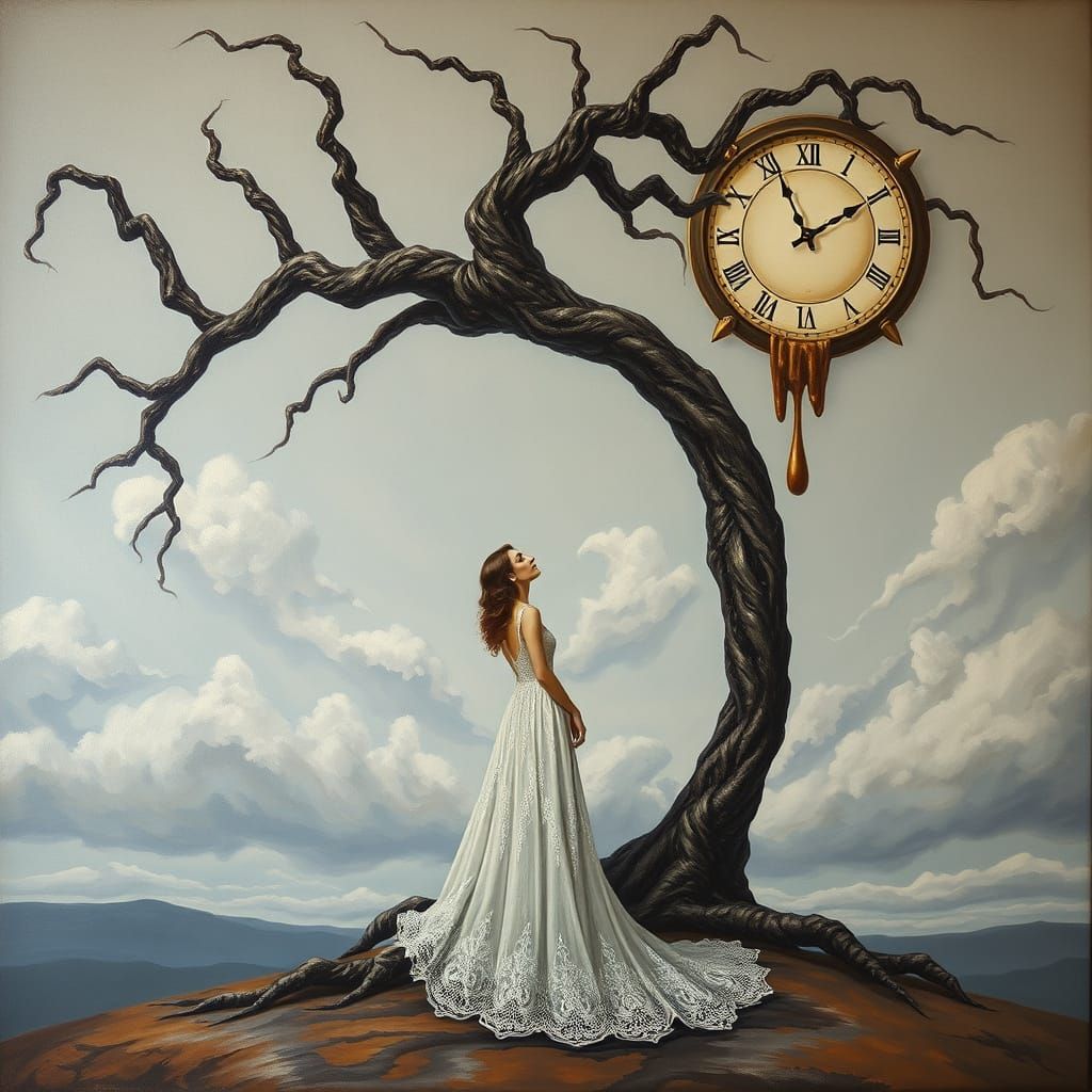 Surrealist Masterpiece with Twisted Tree and Melting Clock