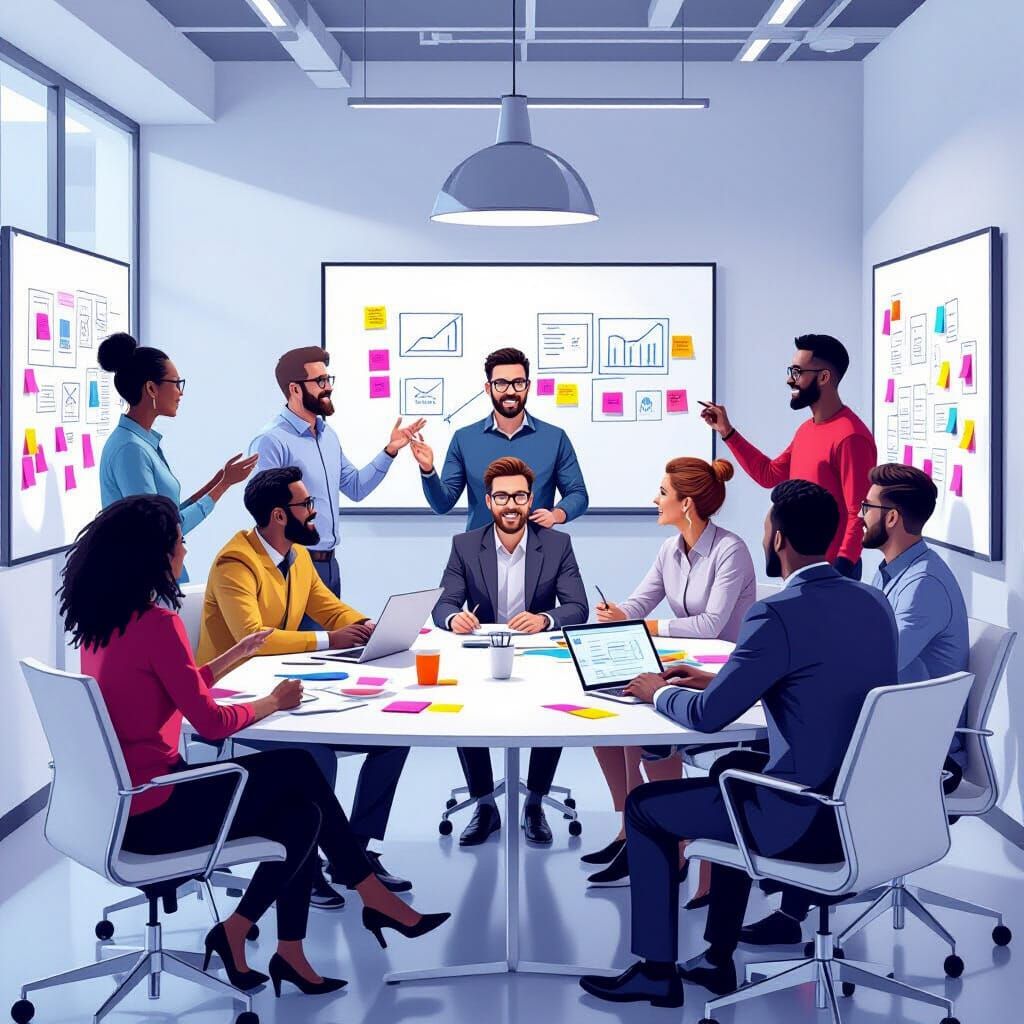 Futuristic Brainstorming Session in Vibrant Digital Art Styl...