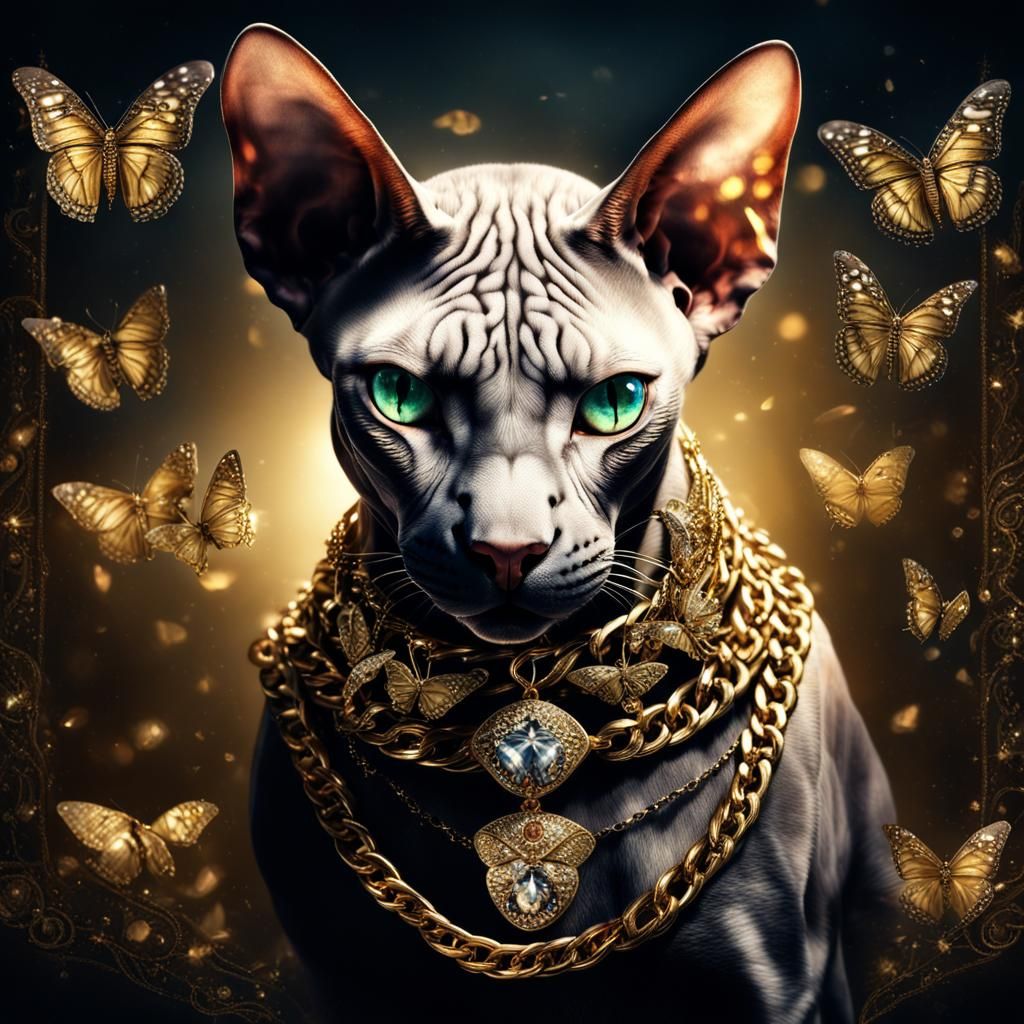 Hyperrealistic Sphynx Cat with Diamonds and Butterflies