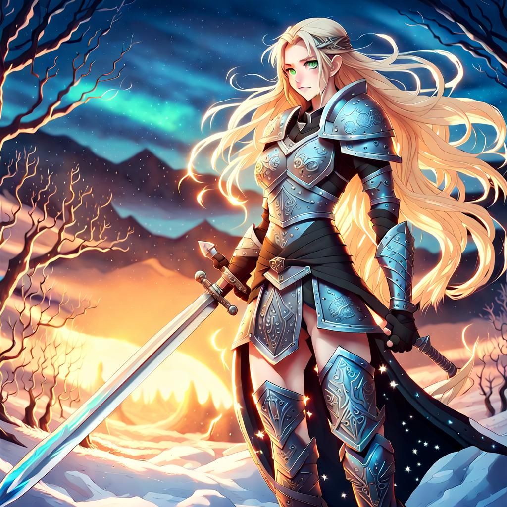 Anime Warrior with Dragon Sword Under Nordic Sky