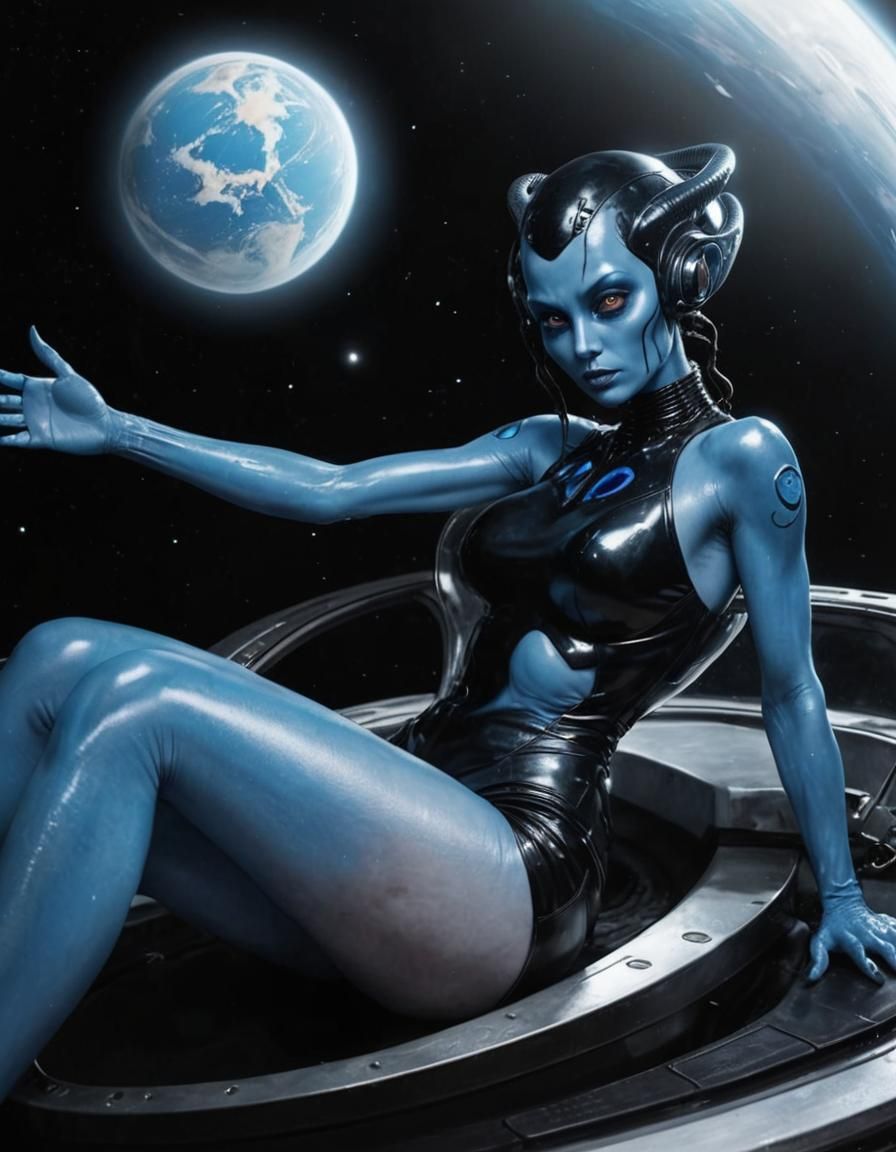 Voluptuous Blue Alien Pinup on Spaceship