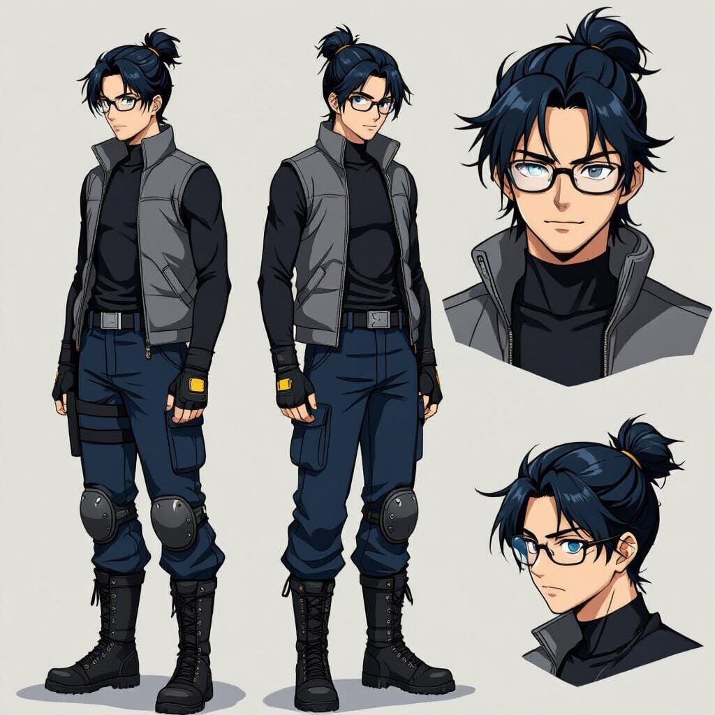 Anime Character Design: Dark Blue Cargo Pants, Shin Guards