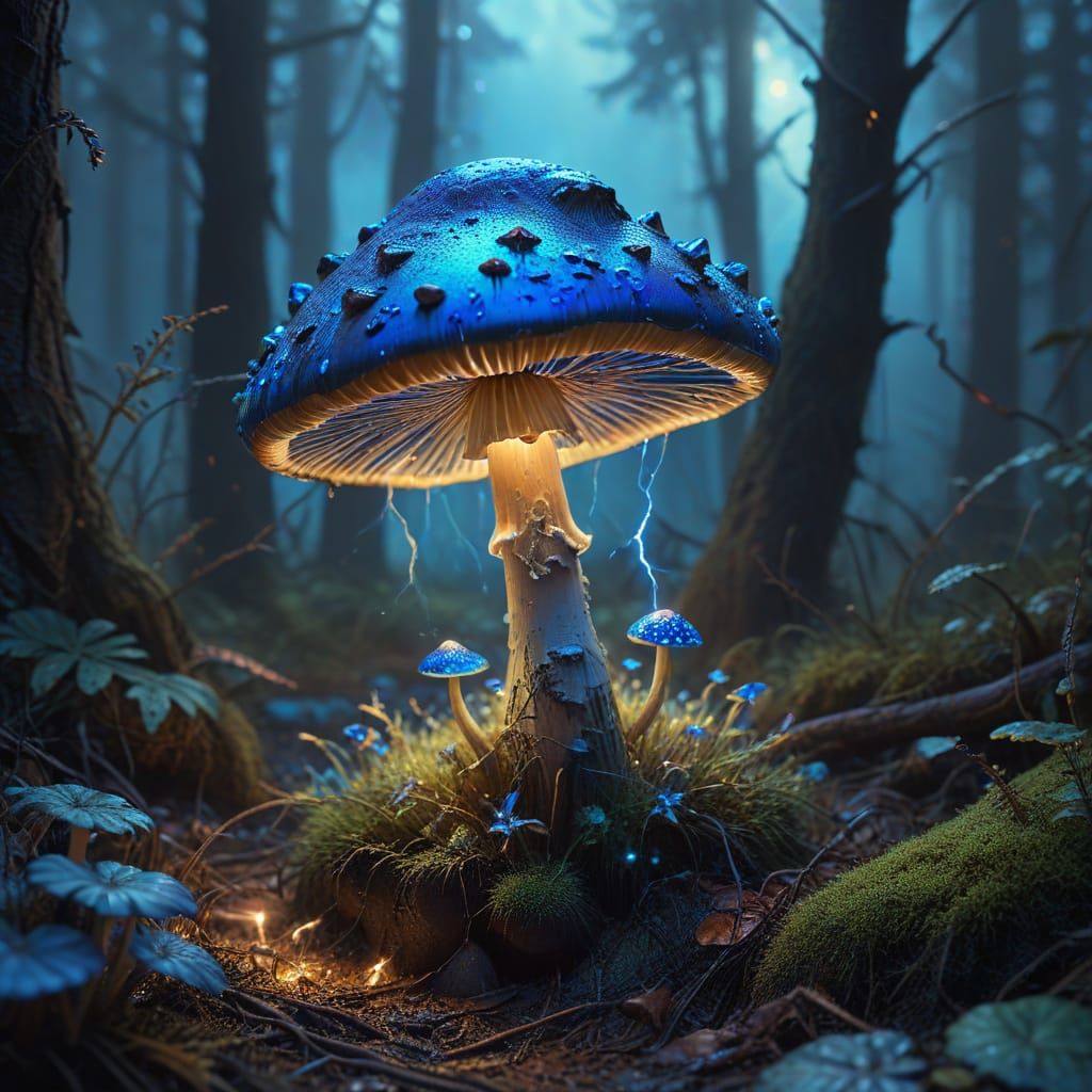 Surreal Colorful Toadstool with Lightning, Oil Painting