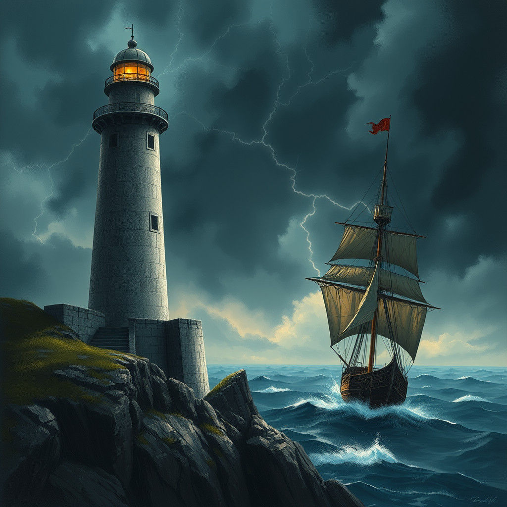 Lighthouse and Ship in Stormy Seas