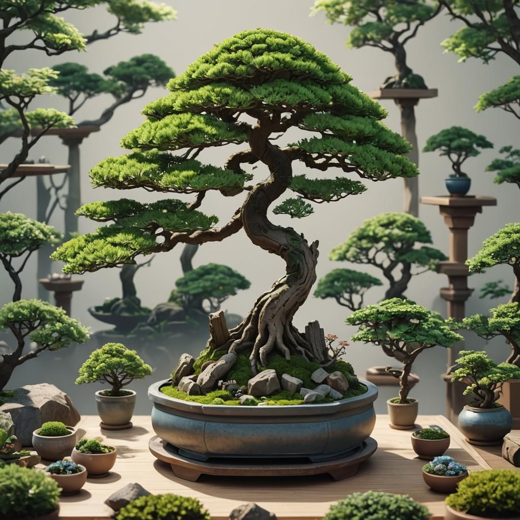 Bonsai Tree with Mini Garden in 3D Anime Style