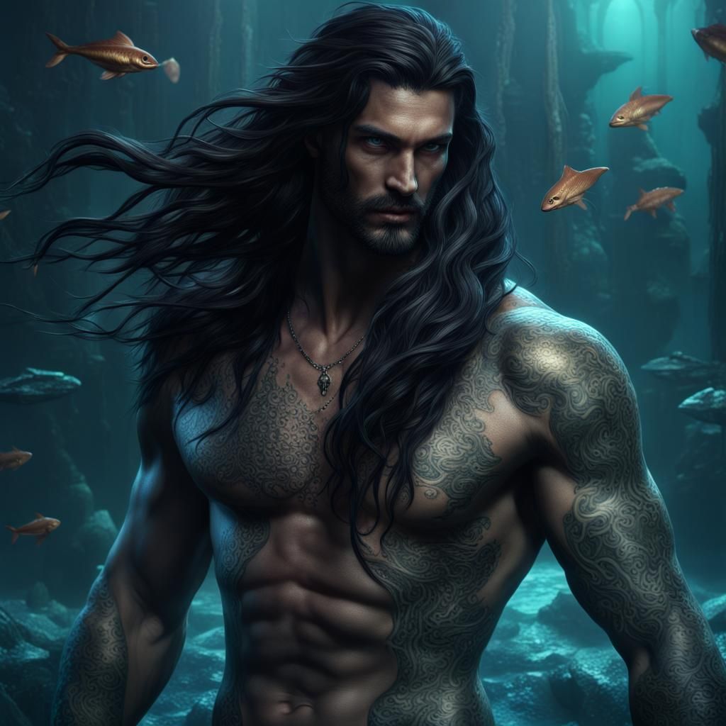 Dark Fantasy Merman with Long Black Hair