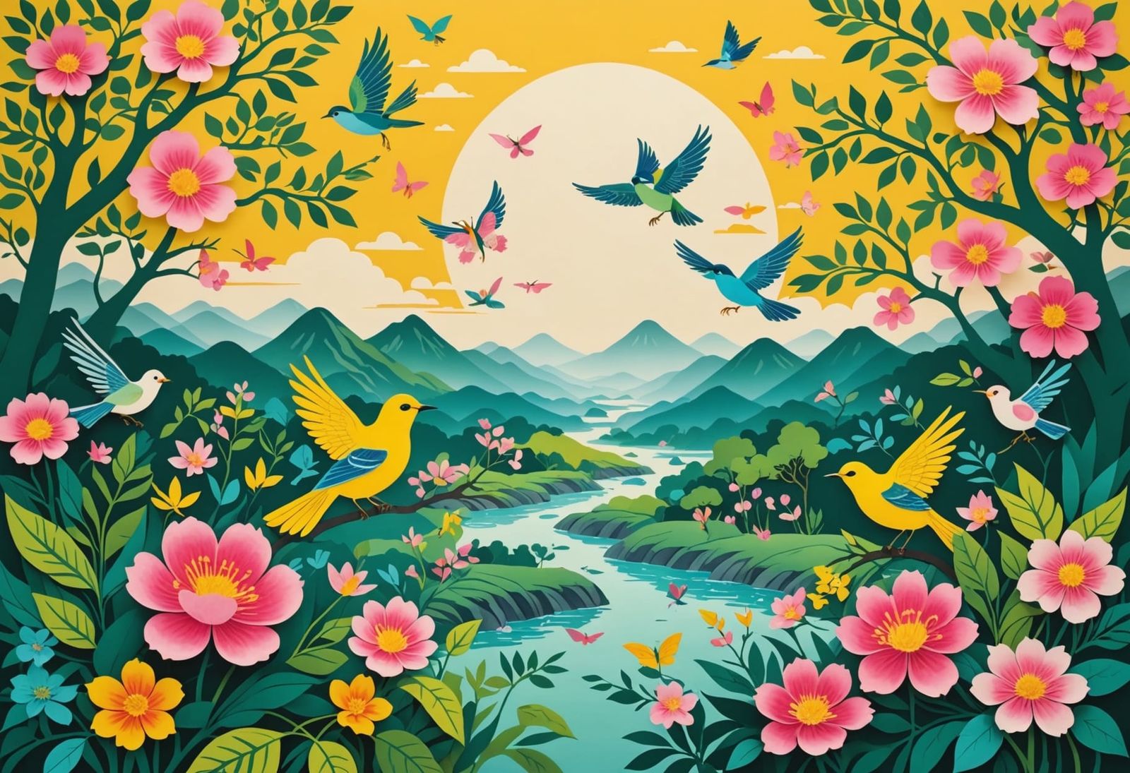 Vibrant Spring Wonderland in Traditional Chinese Art Style