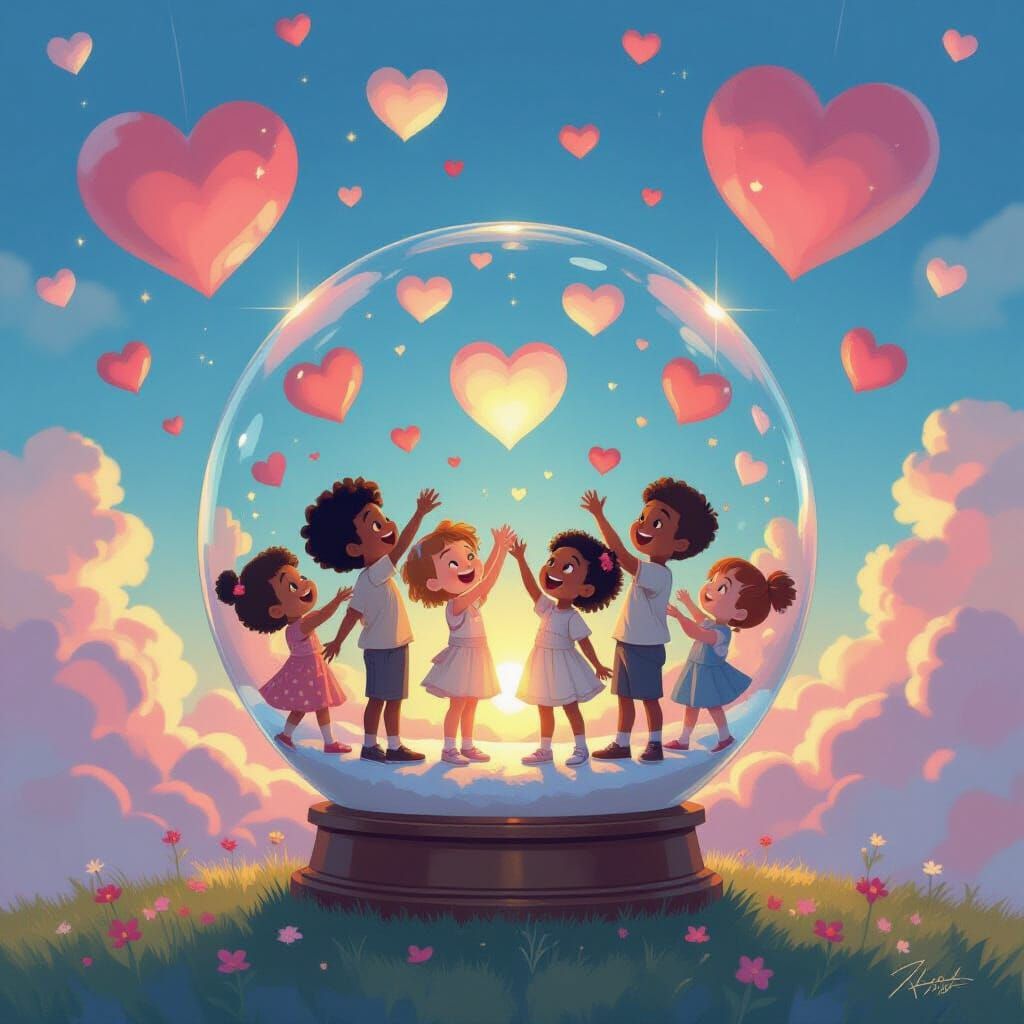 Diverse Children Play Inside Globe with Heart Clouds