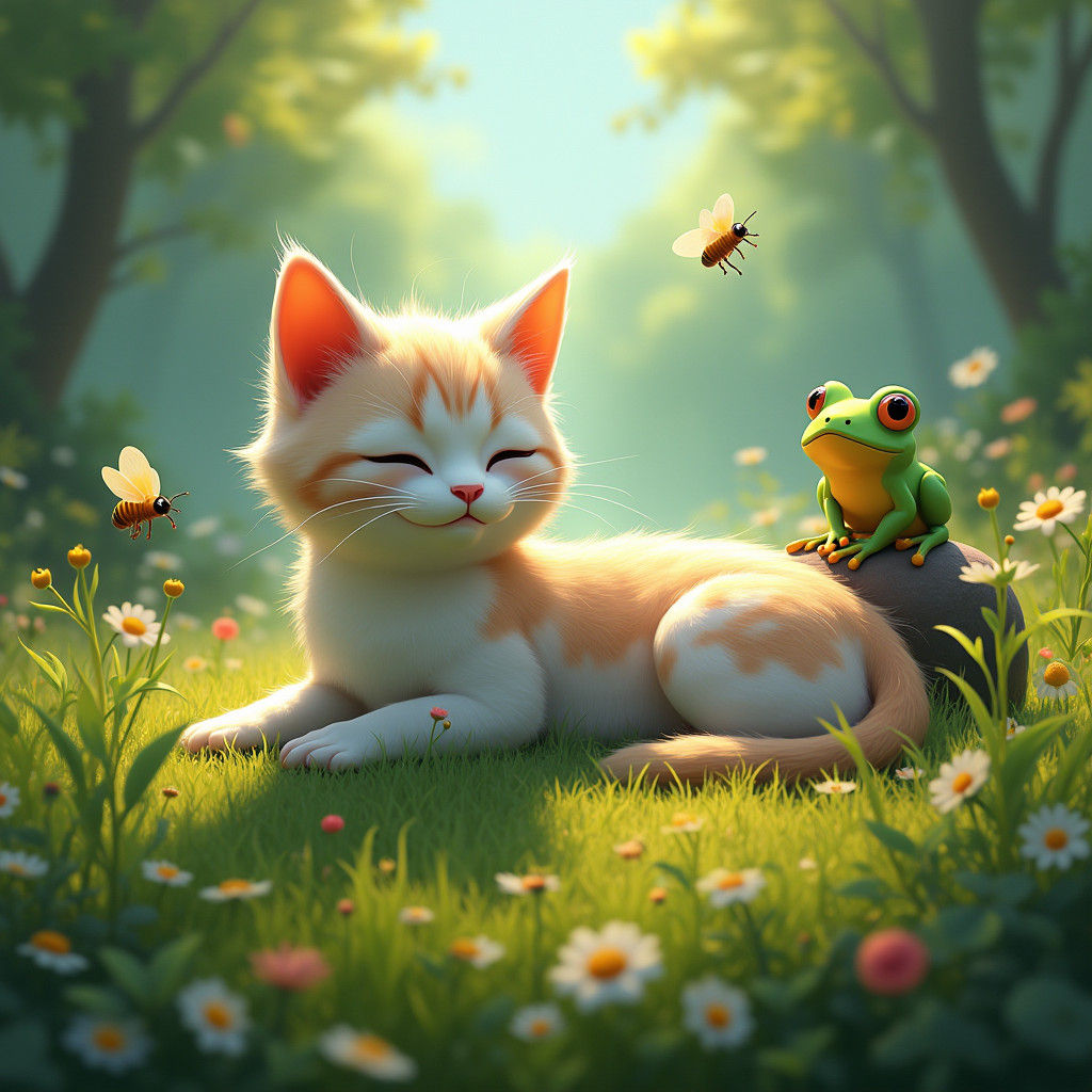 Cat with Frog and Bee in Lush Valley, Digital Art