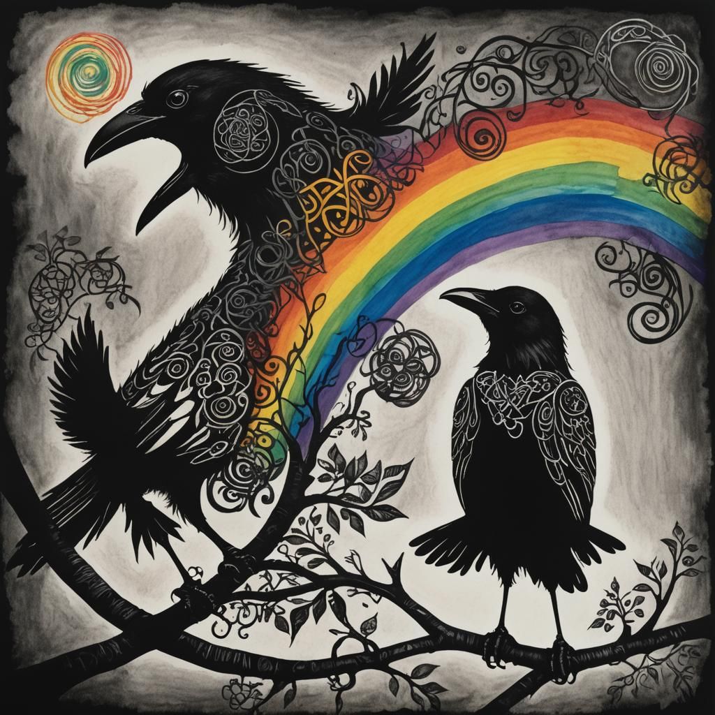 Celtic Raven Silhouette in Childlike Crayon Style