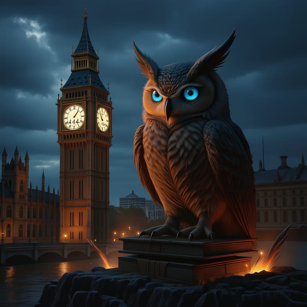 Clockwork Owl on Melting Books in a Void