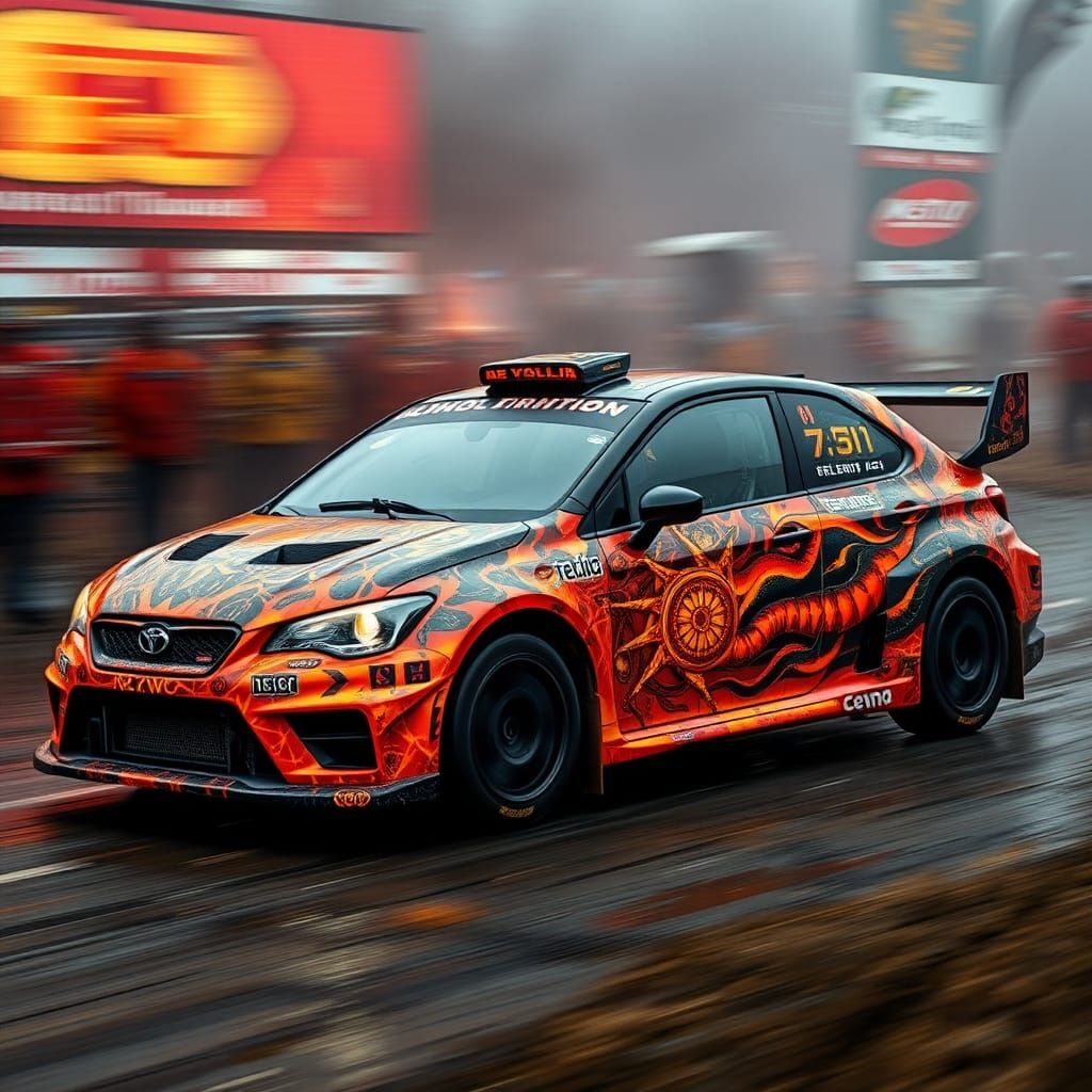 Rally car wrapped in "unholy trinity" artwork