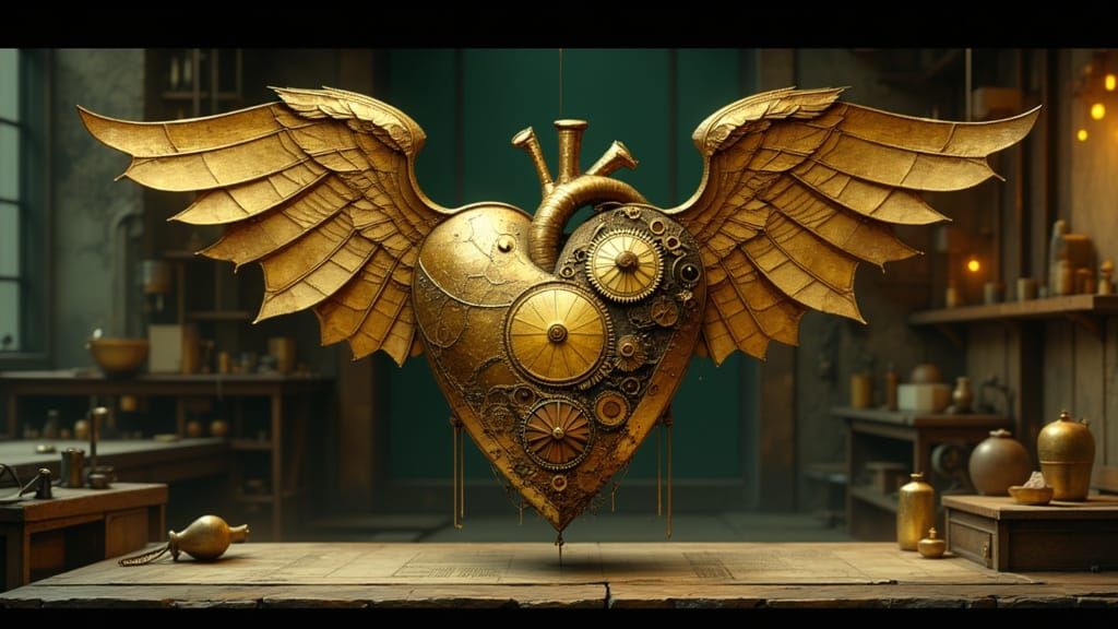 Clockwork Heart with Brass Wings in Steampunk Style