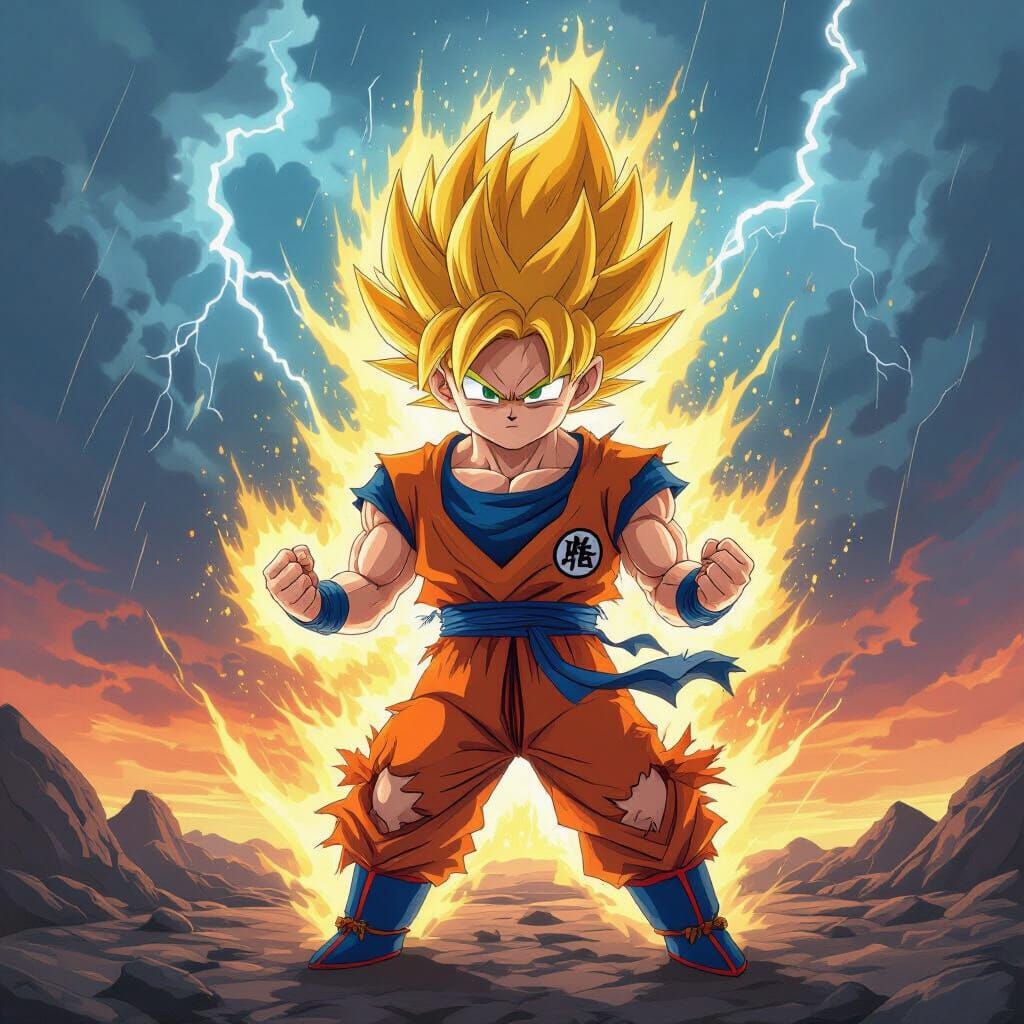 Super Saiyan Goku Fights on Rocky Landscape