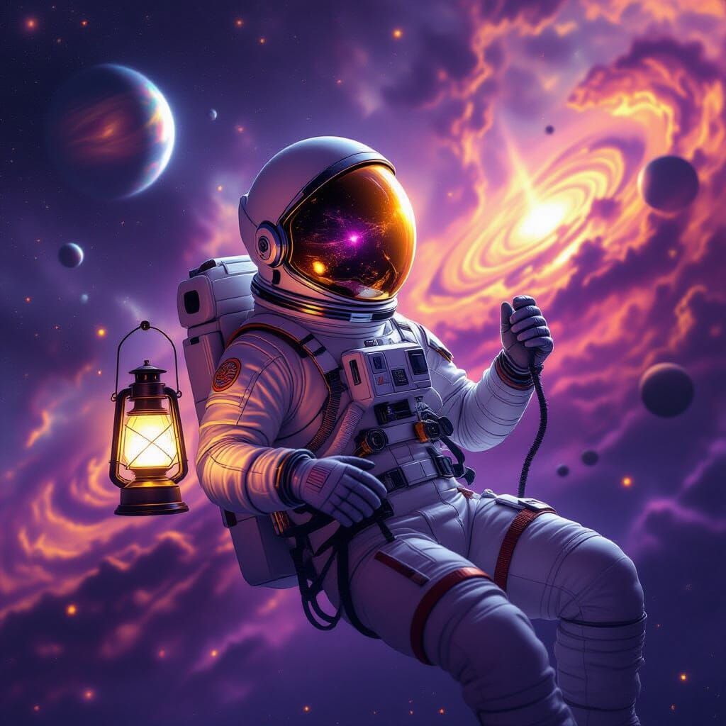 Astronaut Drifting Through Space with Lantern