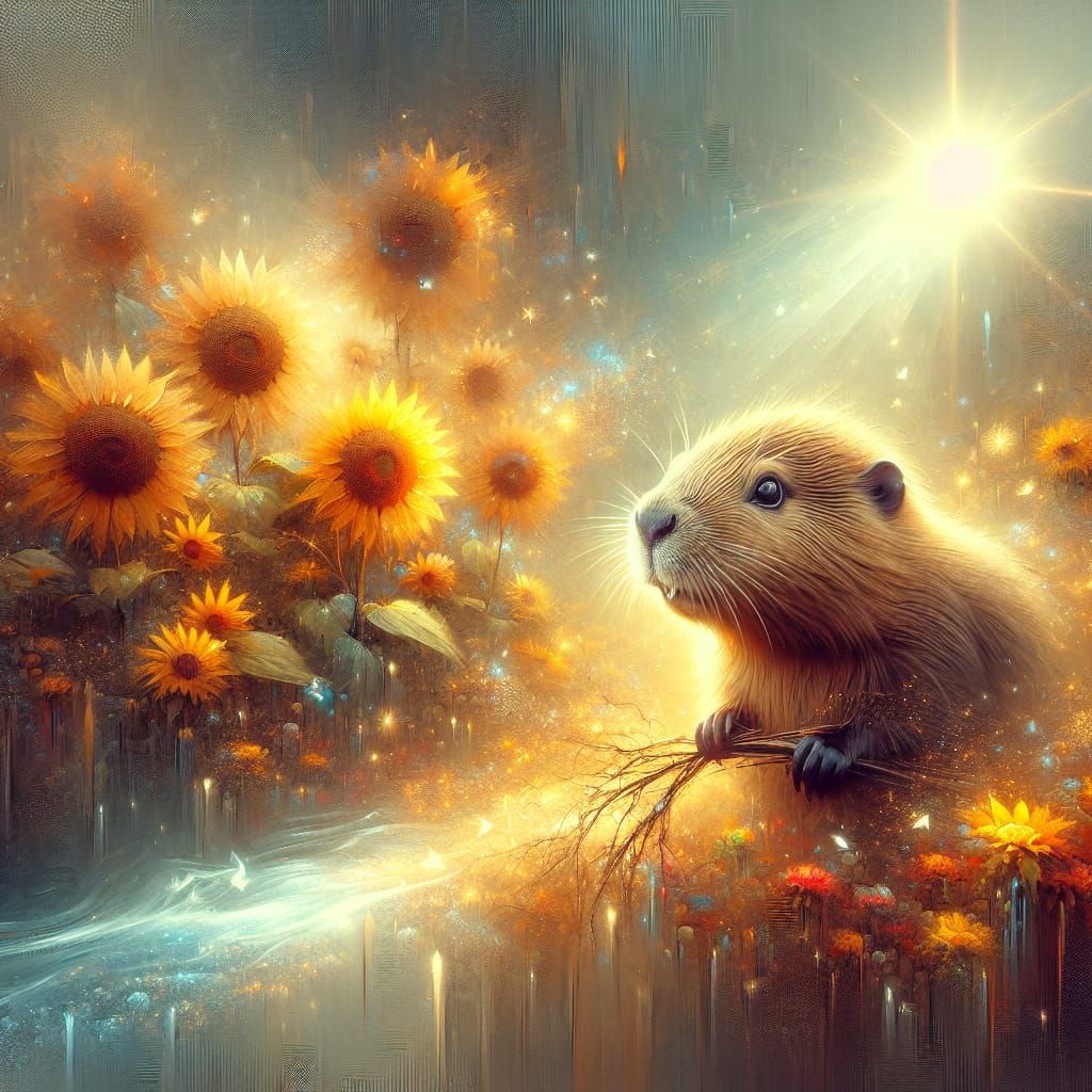 Baby Beaver in Sunflower Field with Magical Sparkles