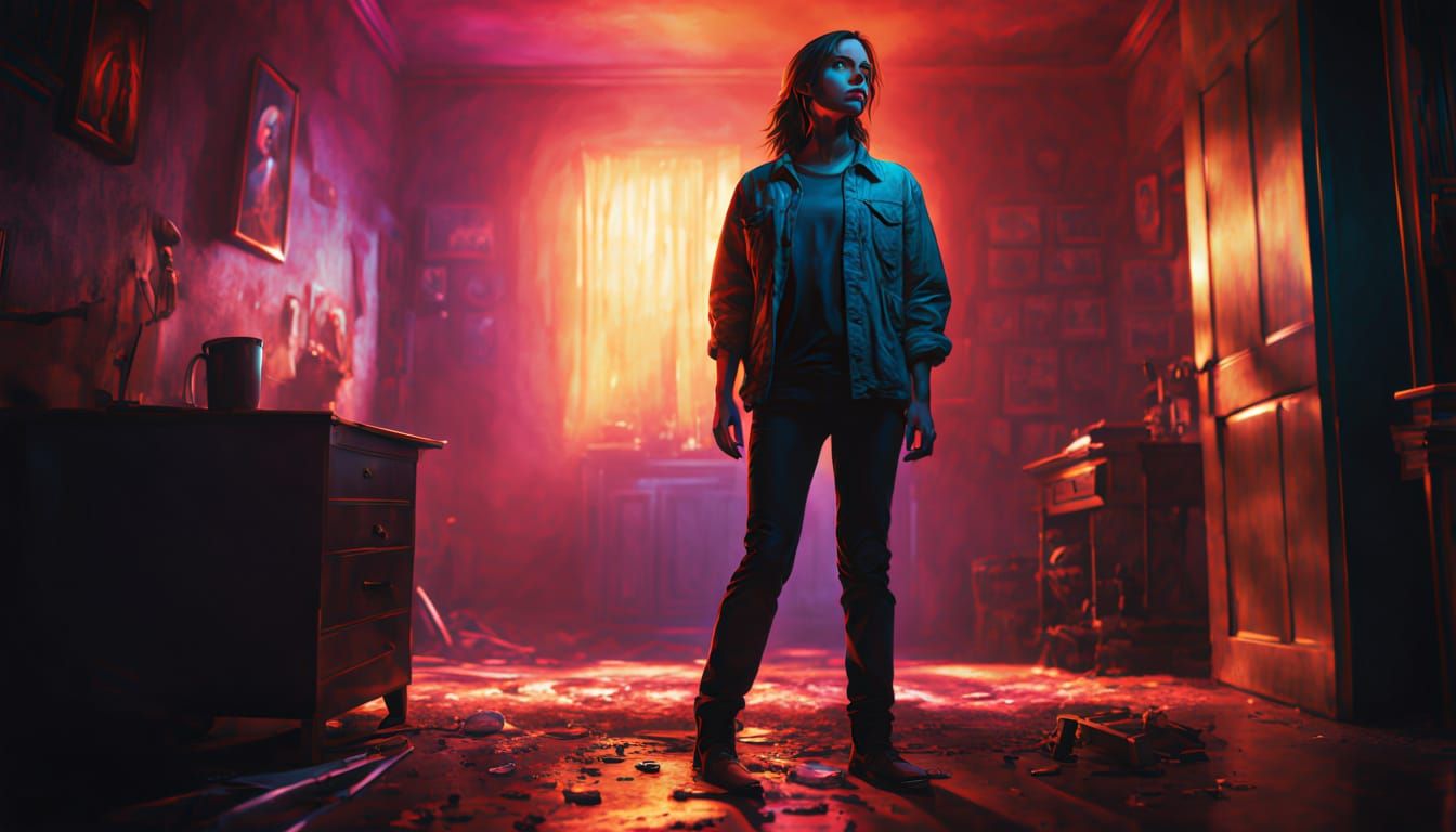 Hyperrealistic Person in Dimly Lit Room, Splash Art