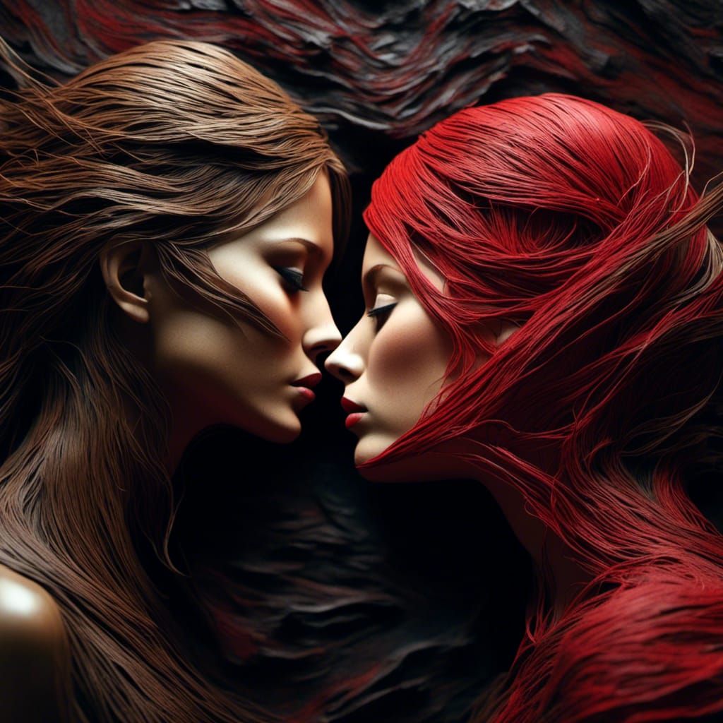 Two Girls Kissing with Brown and Red Hair