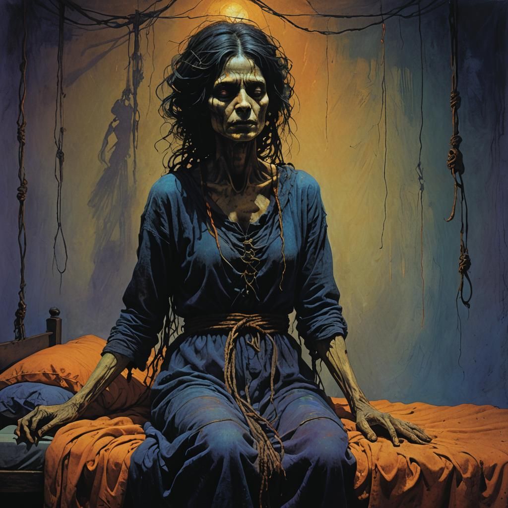 Eerie Dark Fantasy: Possessed Woman in Surreal Scene