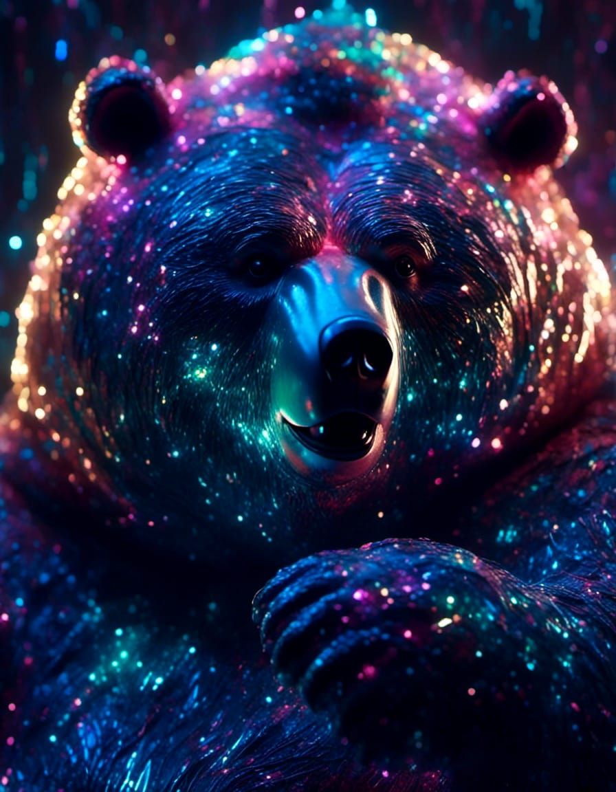 Iridescent Holographic Bear Portrait in Darkness