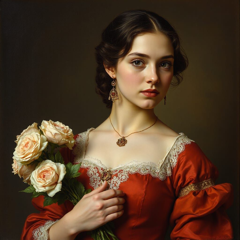 Elegant Woman in Red Dress: Classical Realism Portrait