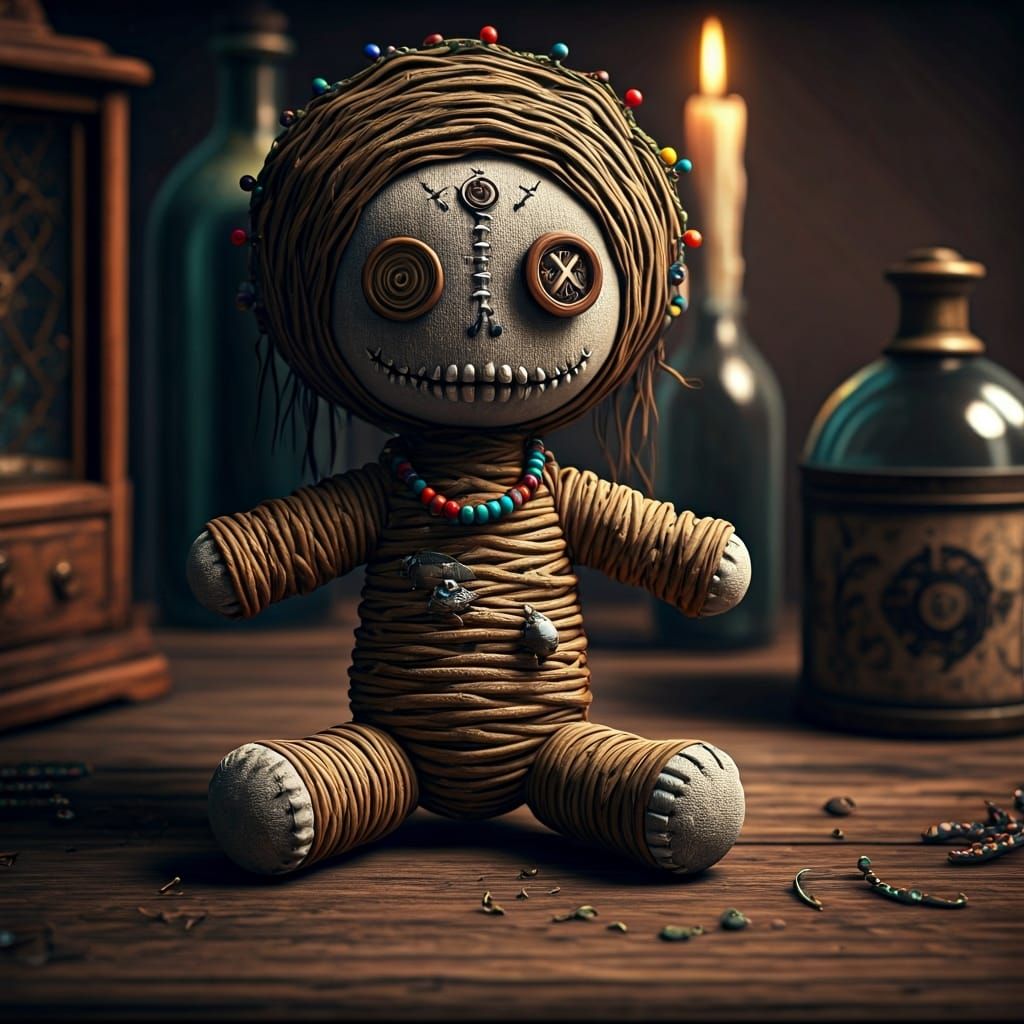 Eerie Voodoo Doll in Dimly Lit Apothecary