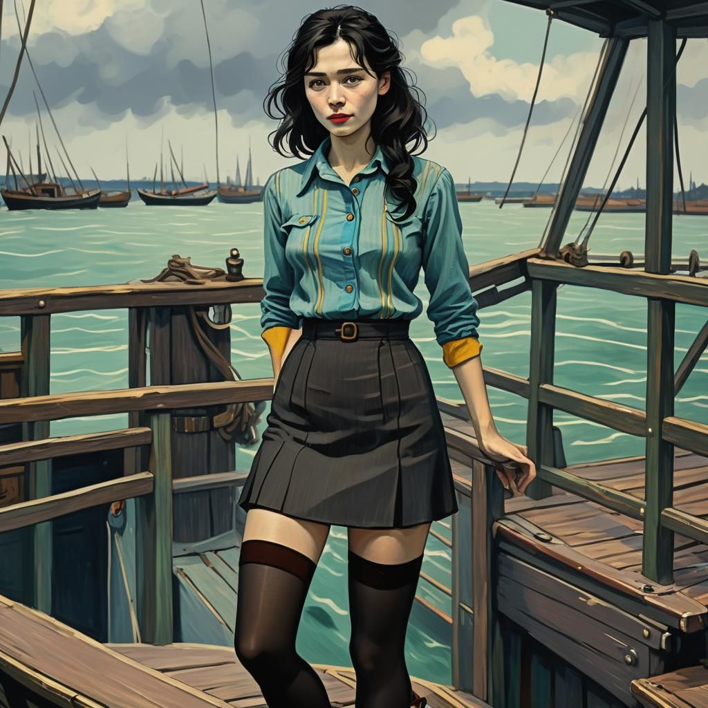 Lady in 1940s Attire on a Boat Deck