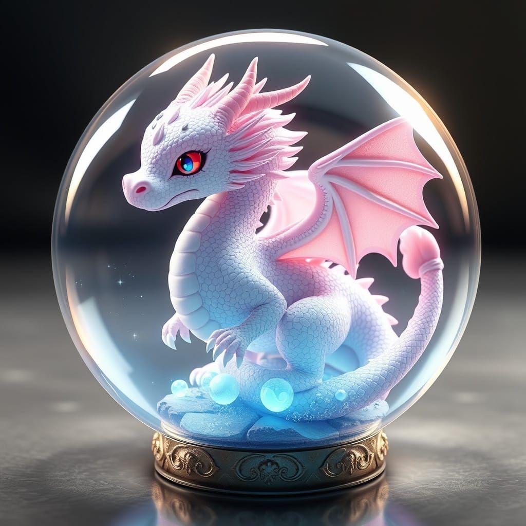Pastel Dragon Trapped in Crystal Ball, Anime-Style 3D Art