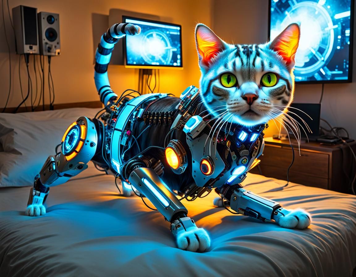 Futuristic Cybernetic Cat with LED Lights in Sci-Fi Style
