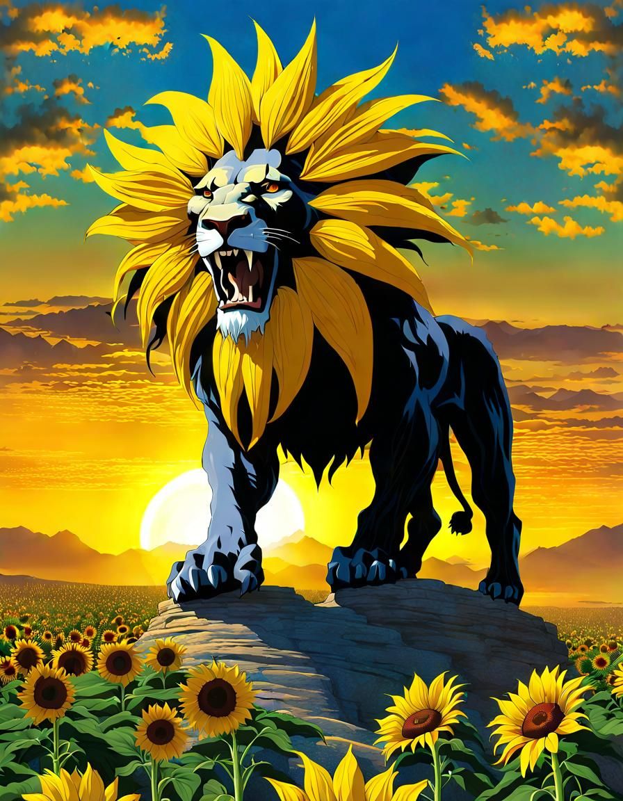 Sunflower Lion Monster Roaring on Cliff, Fantasy Art