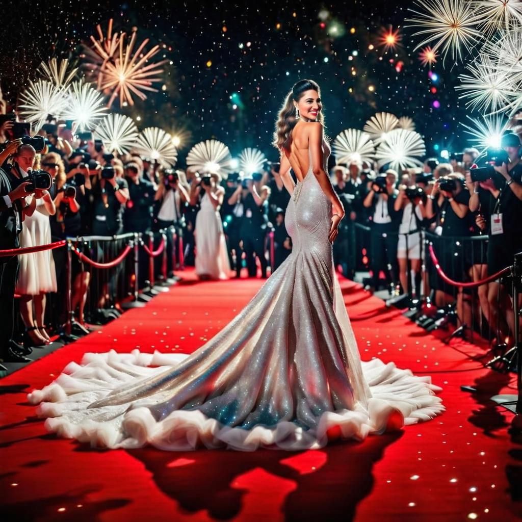 Glittering Actress on Red Carpet in Glitter Art